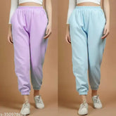 Lavender Sky Combo womens joggers, 100% cotton blend with elastic waistband and deep side pockets. Perfect for sports, gym, or running. Available in sizes 28, 30, 32, 34 (waist 28-40in, length 37in). Made in India